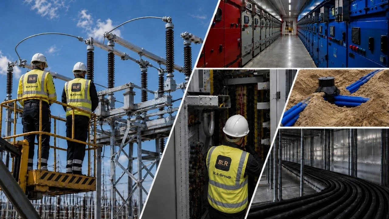 Kolaż realizacji BLR Group: prace na stacjach elektroenergetycznych